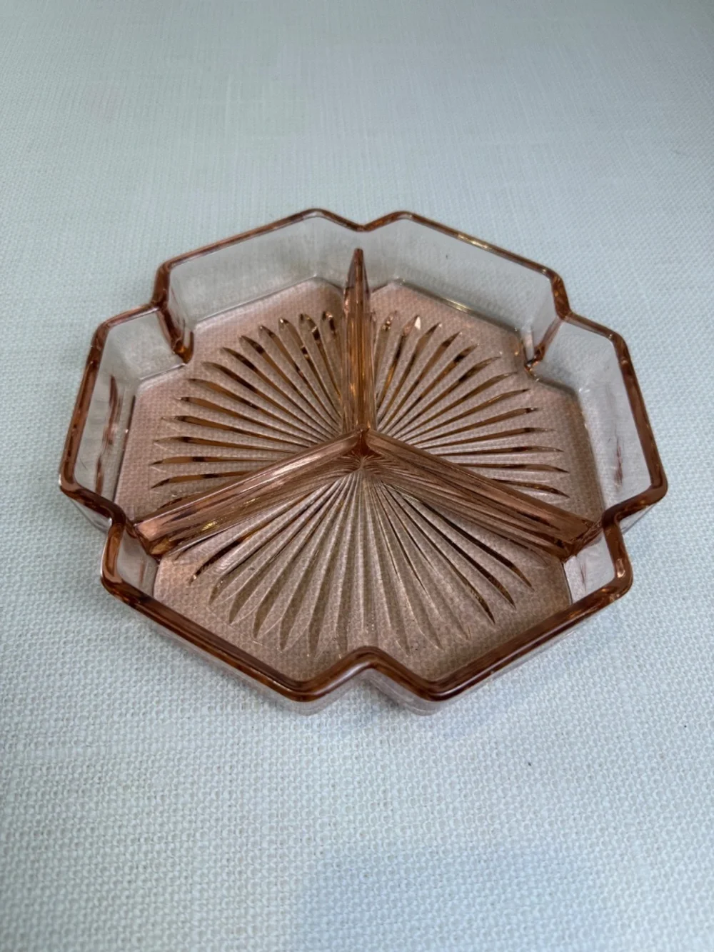 Pink Depression Glass 3-Section Divided Relish & Candy Dish — Starburst Pattern - Picture 8 of 10